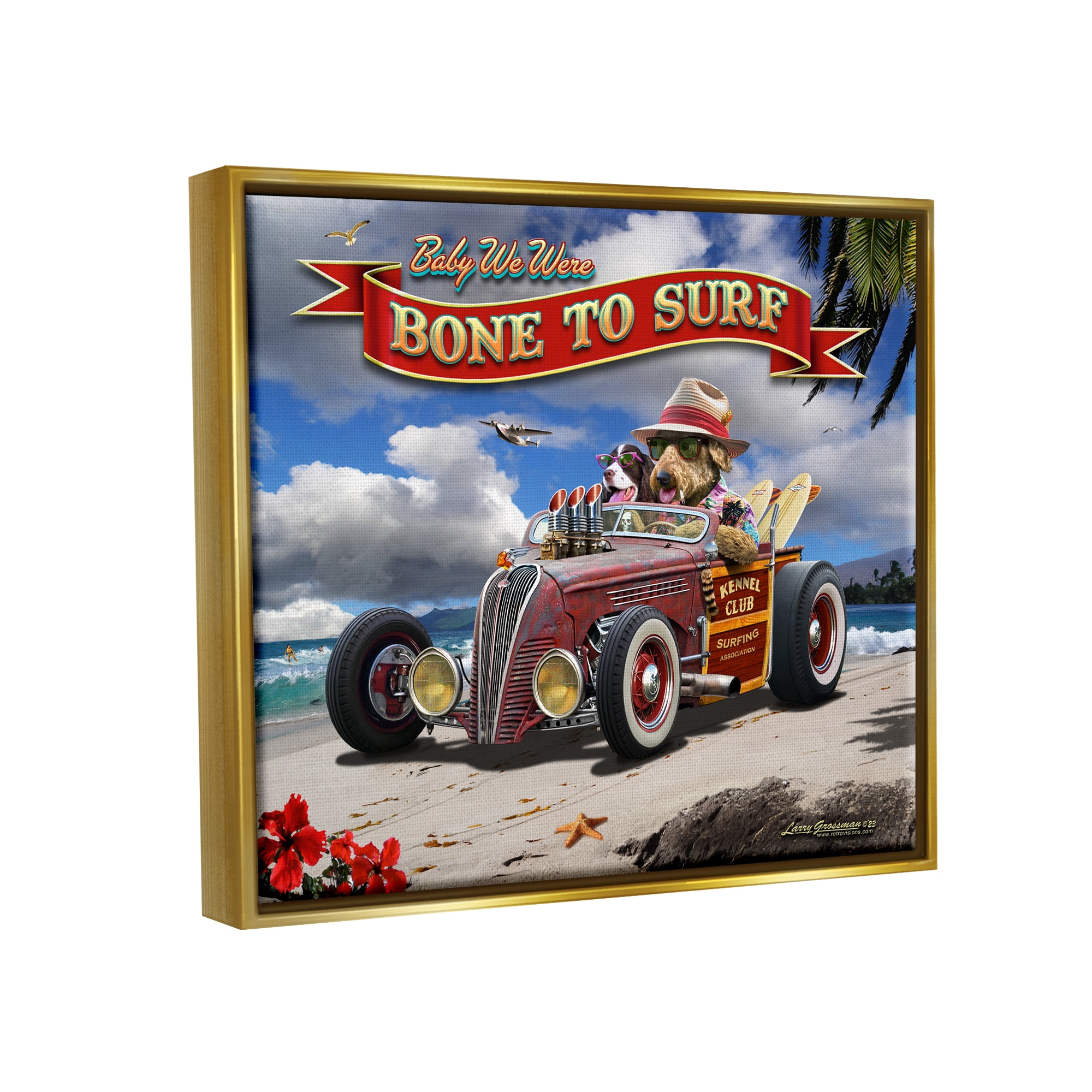Stupell Industries Bone to Surf Dogs Transportation Painting Gold Floater Framed Canvas Art Print Wall Art, 21 x 17