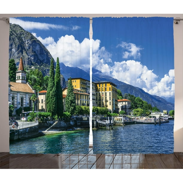 Italy Decor Curtains 2 Panels Set The Panoramic Landscape Of Lake Como Mountains And Clouds Digital