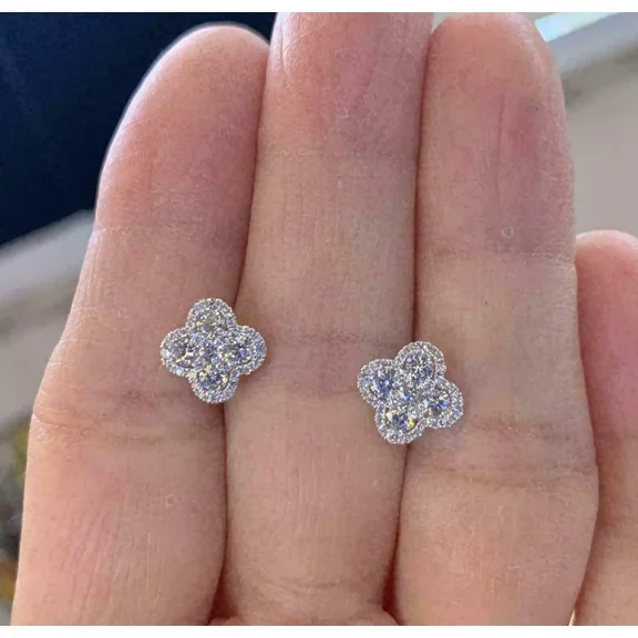 1.00Ct Round Cut Lab Created Diamond Clover Shape Earrings in 14K White Gold Plated