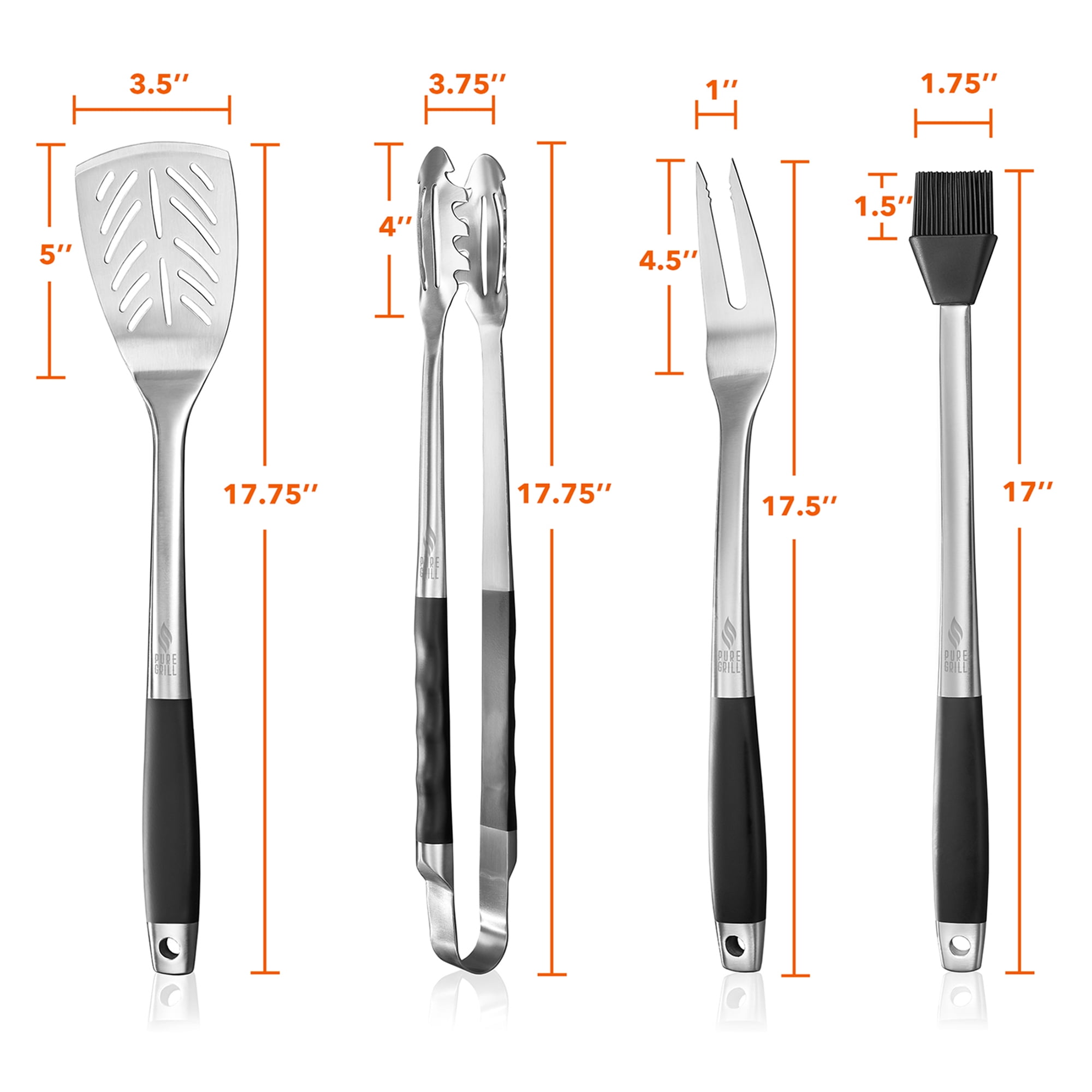 Pure Grill 4pc Stainless Steel BBQ Tool Utensil Set with Fork, Spatula, Tongs, and Basting Brush