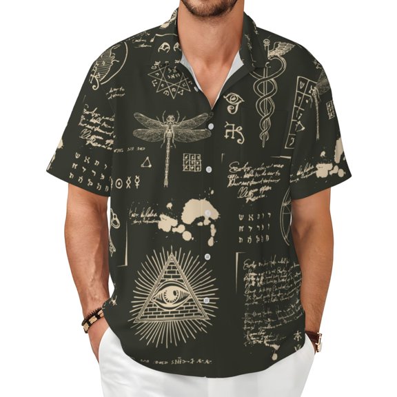 Men's Hawaiian Short Sleeve Button Down Beach Vacation Summer Shirt, Pentagram Occult Abstract Vintage