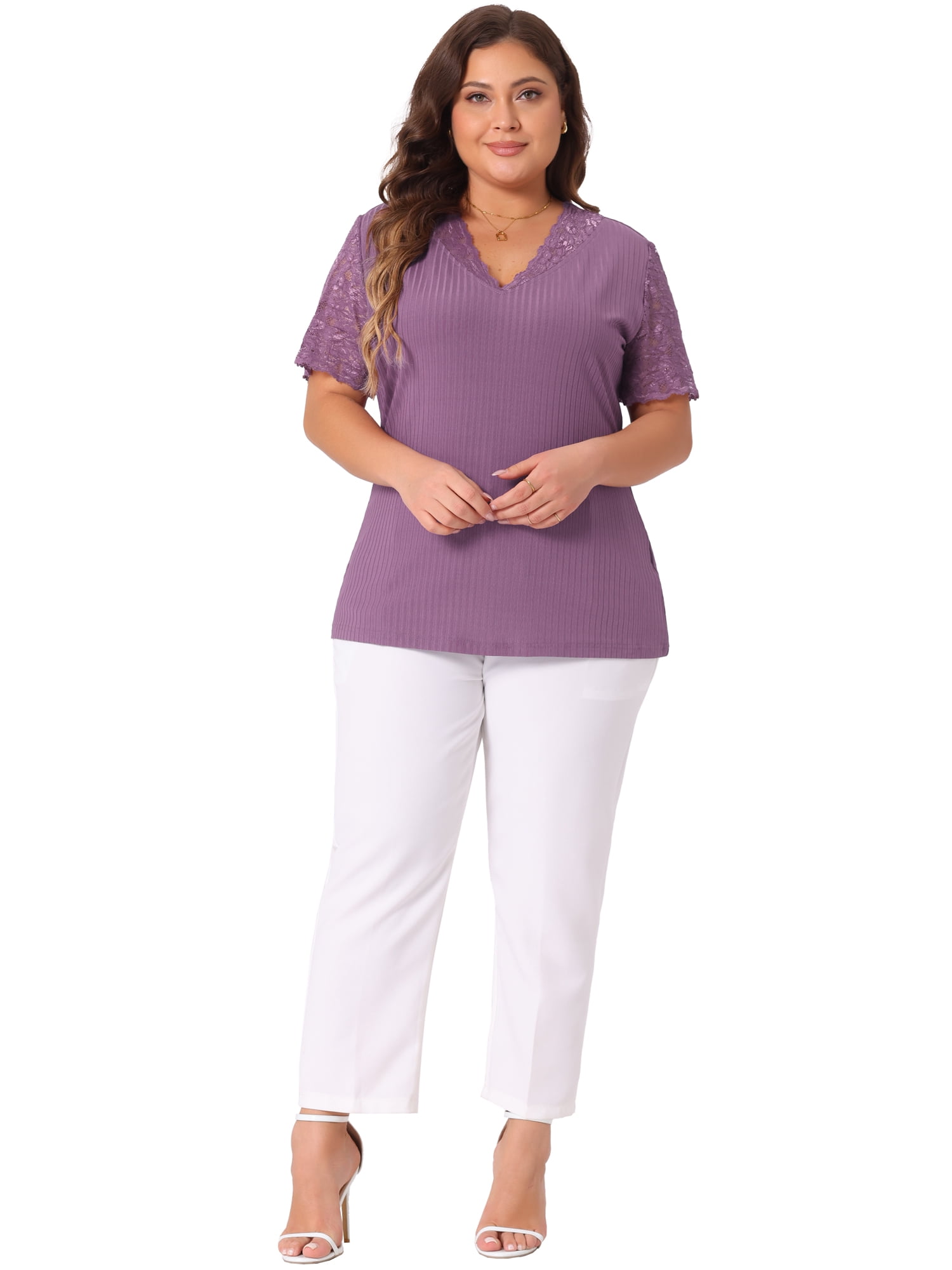 DARING DIVA Women's Plus V Neck Short Sleeve Lace Ribbed Knit Blouse 3X Purple