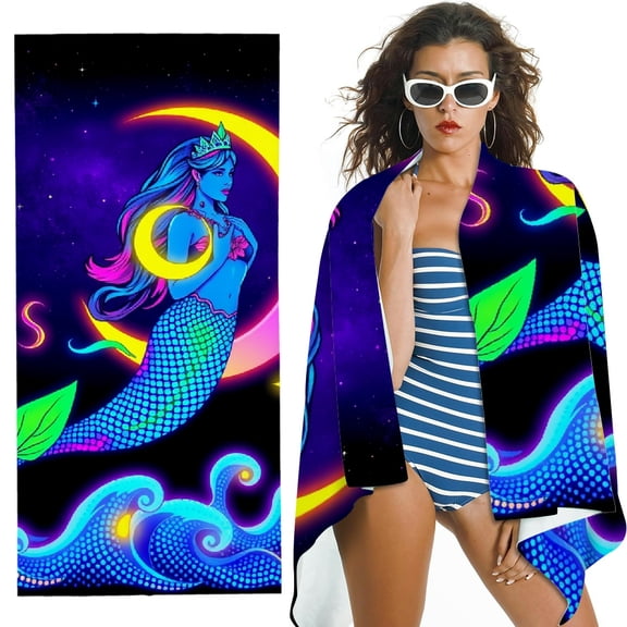 RKSupls Neon Mermaid Microfiber Beach Towel, Extra Large Quick Dry Lightweight Absorbent Towel for Travel Swimming Camping, Soft Super Absorbent- 30x60 in