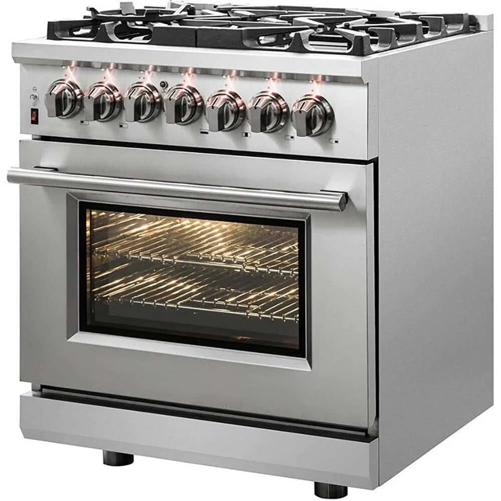 Forno Massimo 30-Inch Freestanding French Door Dual Fuel Range, 4 Burners, True Convection Oven