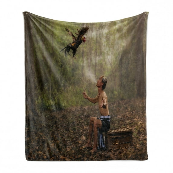 Jungle Soft Flannel Fleece Throw Blanket, Chinese Man in Forest Training His Bird Ecological Life Picture Print, Cozy Plush for Indoor and Outdoor Use, 60" x 80", Green Brown, by Ambesonne