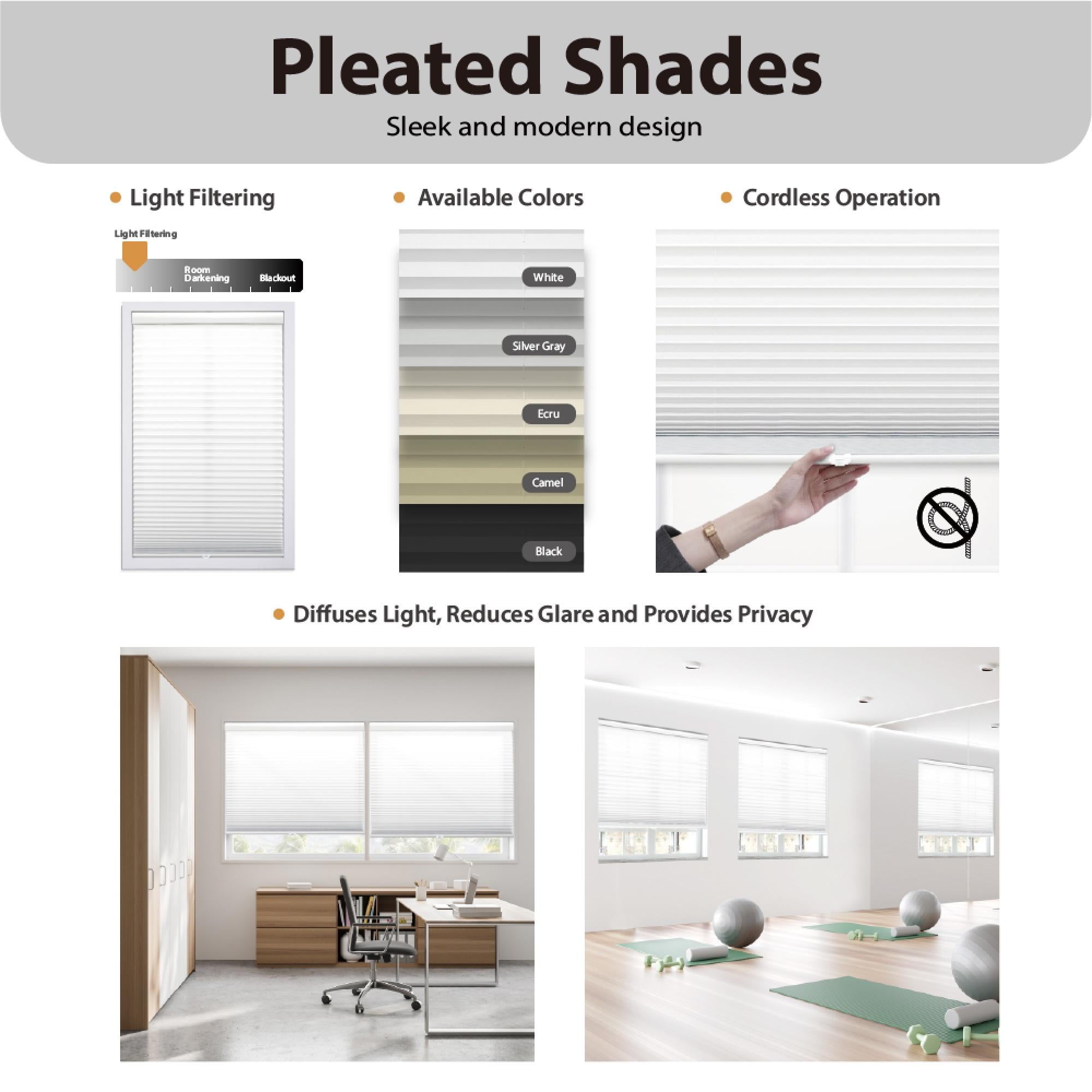 Regal Living Cordless Light Filtering Polyester Pleated Shades, Black - 38 in. W x 72 in. L