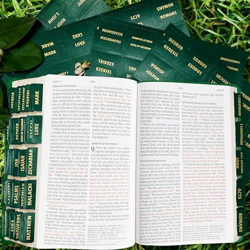Bible Tabs for Women Men - 80 Large Gold Foil Laminated Green Leather Paper Index Tabs, 66 Old New Testament + 14 Blank Self-Stick Bible Journaling Supplies, Easy to Read & Navigate