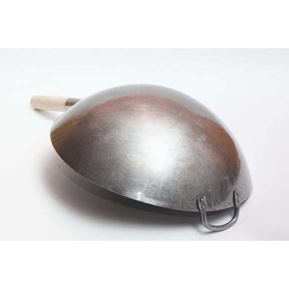 Big 16 Inch Heavy Hand Hammered Carbon Steel Pow Wok with Wooden and Steel Helper Handle (Round Bottom)