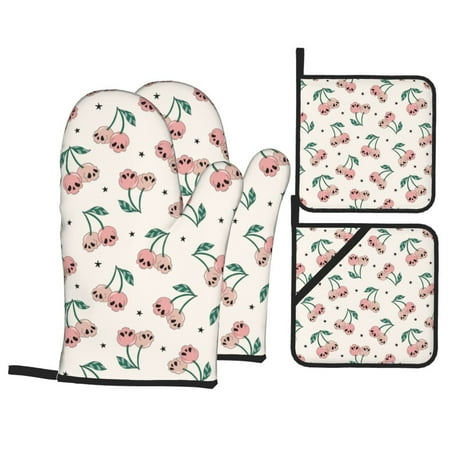 

Oven Mitts and Pot Holders 4 pcs Set Cute Berry Skull Heat Resistant Pot Holders Oven Mitts for kitchen Non-Slip Hanging Loop Oven Glove Potholders for Baking Cooking