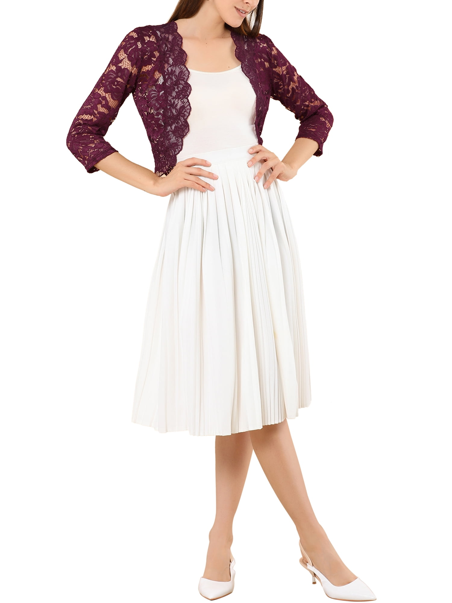 DARING DIVA 3/4 Sleeve Sheer Floral Lace Shrug Top S Burgundy