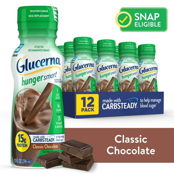 Glucerna Hunger Smart Diabetic Protein Shake, Classic Chocolate, 10 fl oz Bottle, 12 Count