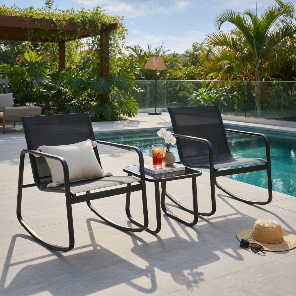 Hommoo 2-Piece Rocking Bistro Set with Tempered Glass Table, Outdoor Patio, Balcony & Backyard Seating for Adults, Black