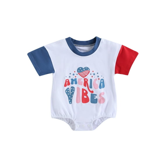 Wassery My First 4Th of July Outfit Infant Baby Girls Boys Romper Independence Day Clothes Letter Print Contrast Color Short Sleeve Round Neck Bodysuits 0-24M