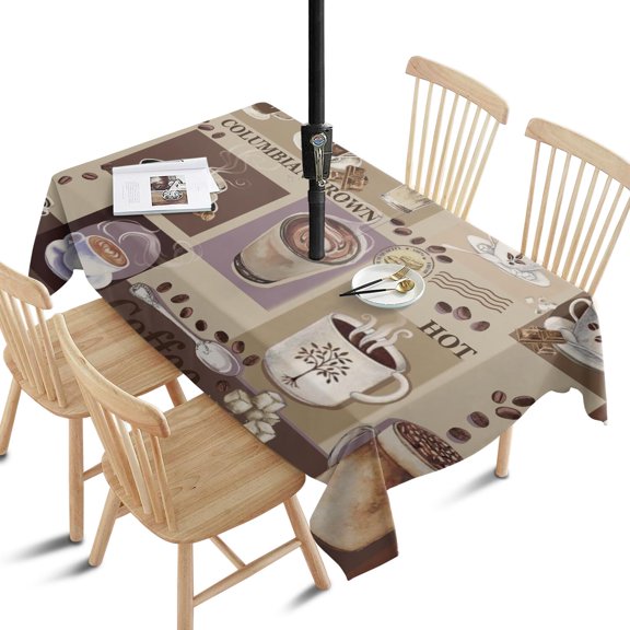Outdoor Coffee Tablecloth with Umbrella Hole and Zipper,Rectangle Waterproof Wrinkle Free Table Cloth Decorative Fabric Washable Table Cover for Patio, Party, Picnic 60 X 84 Inch