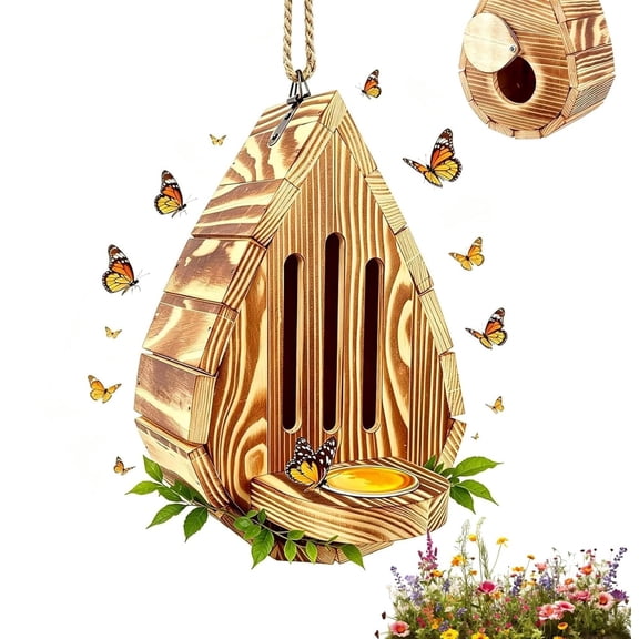 Teardrop Shaped Wooden Butterfly House, Hanging Butterflys Habitat & Feeder with Rope, Outdoor Butterflys Shelter, with Puddler, for Balcony Yard Garden Decor(RL)