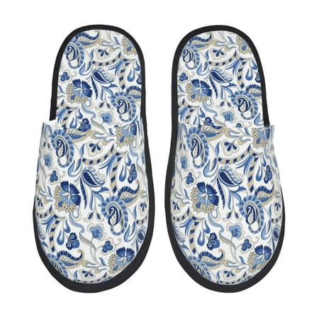Balery Blue Paisley Slient Indoor Furry Fleece Comfort House Shoes Soft Non-Slip Home Shoes Cotton slippers House Slippers-- Large