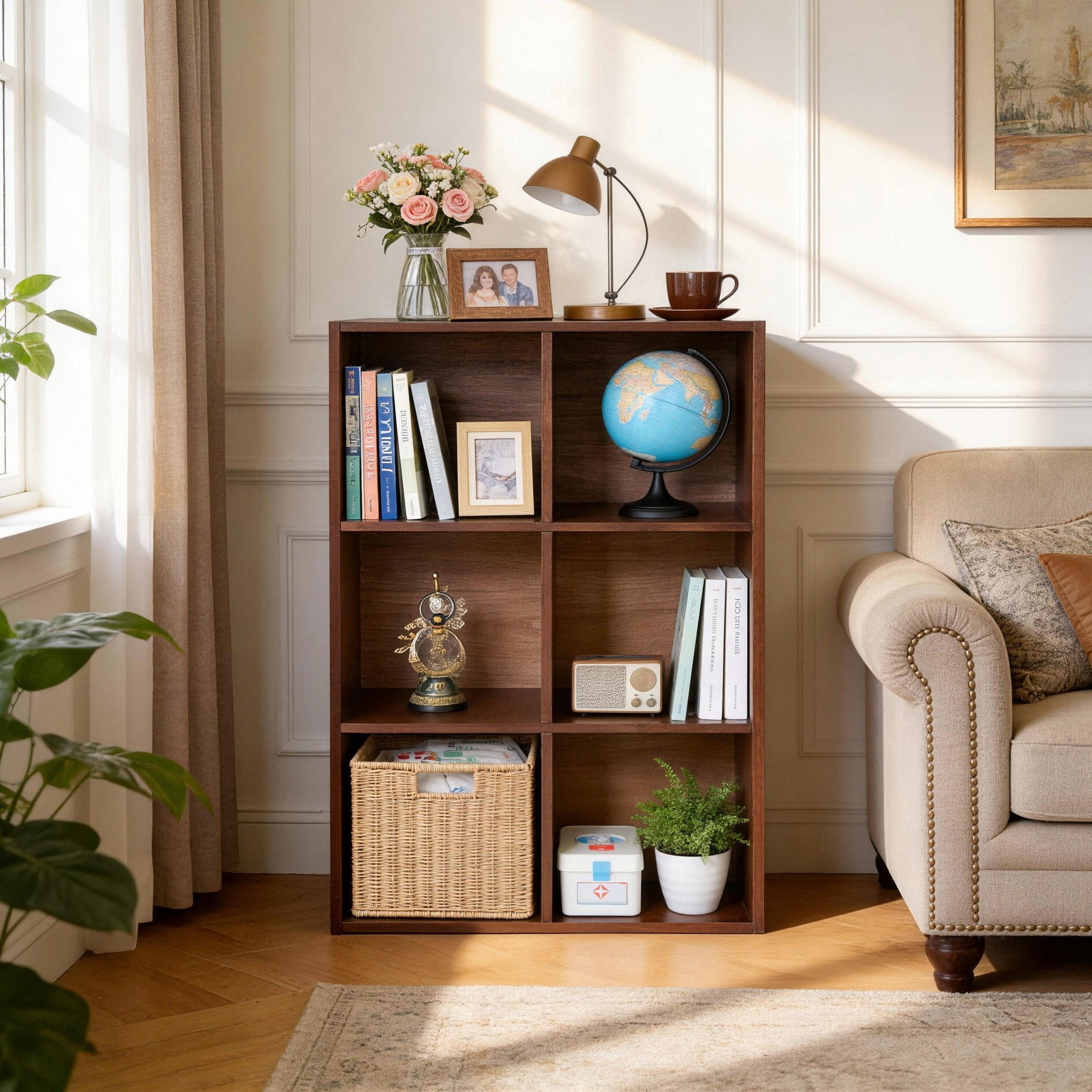 Solid Wood Bookshelf with 6 Storage Compartments, Walnut