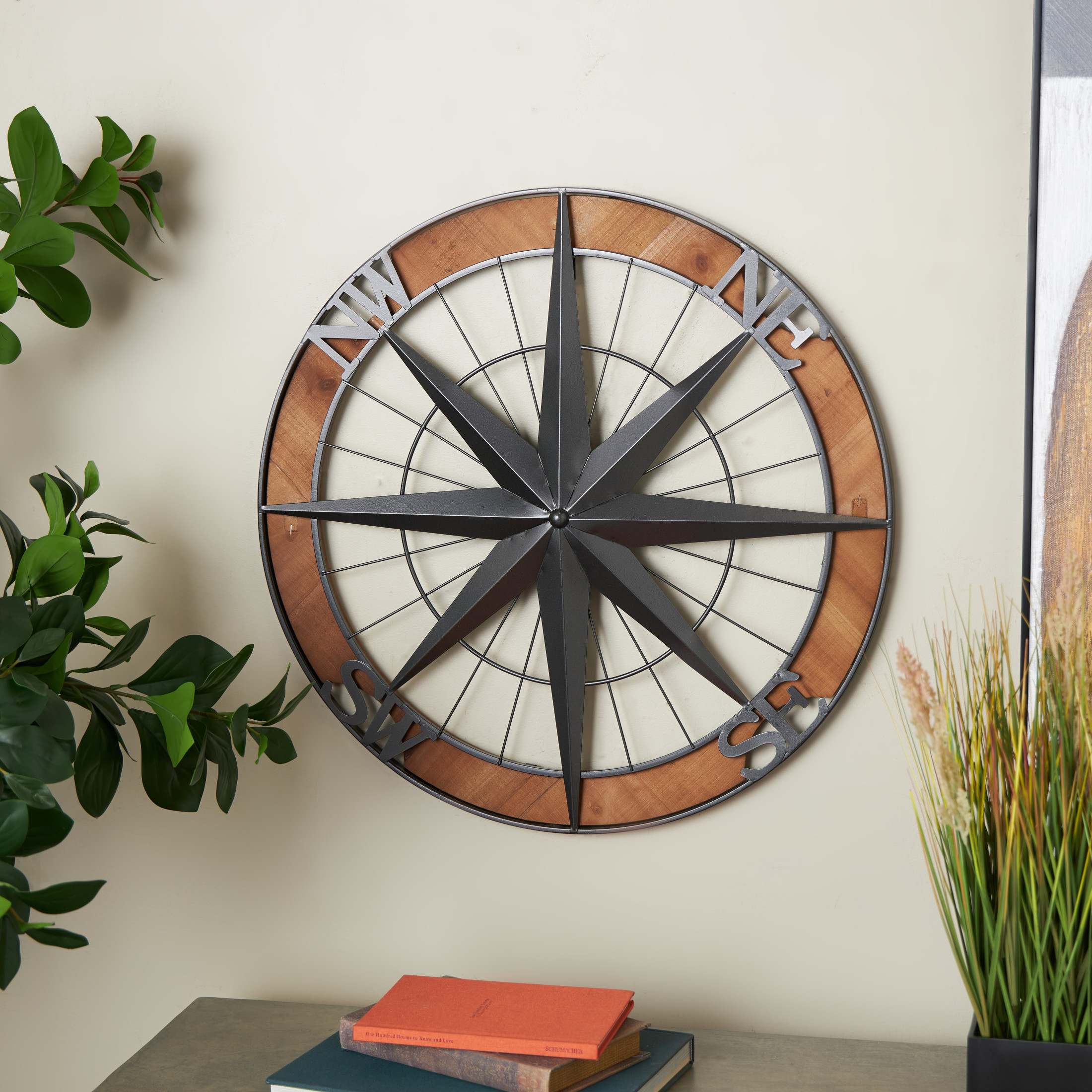 DecMode Gray Metal Compass Wall Decor with Wood Frame