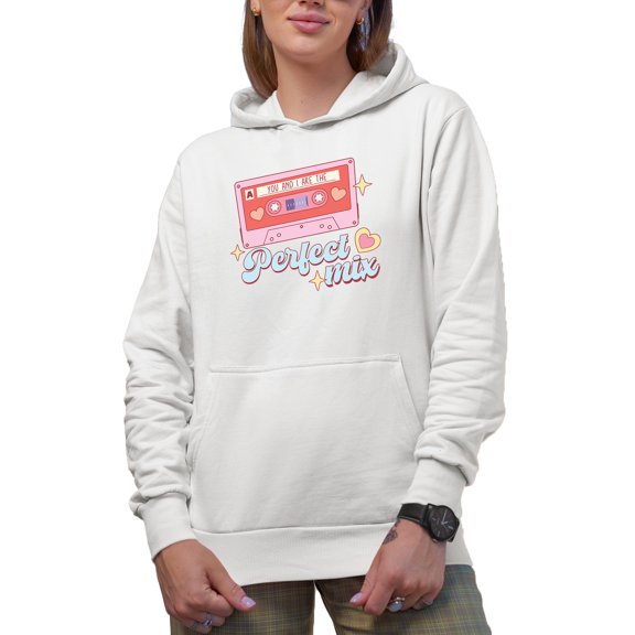 You and I Are the Perfect Mix, 90s Retro Valentine's Day Cassette Tape Art Merch Gift, White Hooded Sweatshirt or Hoodie, Small