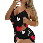 GDREDA Women Pajamas Valentine's Day V Neck Print Milk Silk Double Woolen Pajamas 2 Piece Set Women Pajama Sets pyjamas Black,XXL