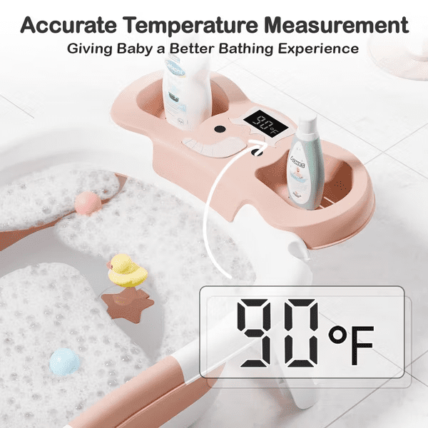 Tumajup Foldable Baby ‎Bathtub Elephant PP+TPE with Soft Cushion&Thermometer for 0-36 Months Toddler Gray