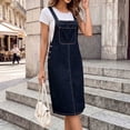 thumbnail image 4 of Women's Denim Overall Midi Dress Side Button Jumper Dress with Front Pocket, Casual Sleeveless Denim Suspender Dress Blue, 4 of 9