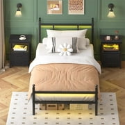 Fairy Twin Bed Frame with Charging Station, Metal Platform Bed with LED Lights, Black