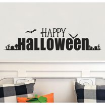 Happy Halloween with Graveyard Vinyl Lettering Wall Decal Sticker Halloween Bats Stickers Tombstone Decals - Size: 8"H x 36"L - Color: Black