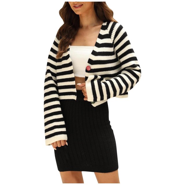 Timegard Cardigan pour Femmes Court à Manches Longues, Chandails Boutonnés, Chandail, Mode d'Automne, Hauts Rayés