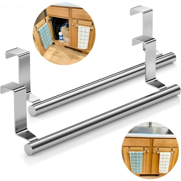Kitchen Towel Holder Over Cabinet Cabinet Towel Holder Stainless Steel Over Door Towel Rack Bar Holders for Universal Fit on Over Cabinet Cupboard Doors 2 Pack (Sliver)
