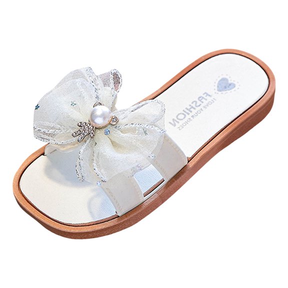 YDFCWXW Girls Bow Knot Flat Sandals Open Toe Slip On Slide Slipper Single Band Flats (White, 28)