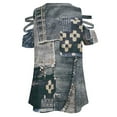 thumbnail image 5 of Denim Patchwork Womens Summer V Neck Zipper Top Short Sleeve T Shirt Off Shoulder Top Casual Classy Loose Shirts, 5 of 7