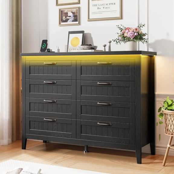 Black Farmhouse 8 Drawer Dresser with LED Lights & Charging Station, Wooden Rustic Storage Chest for Bedroom & Dorm
