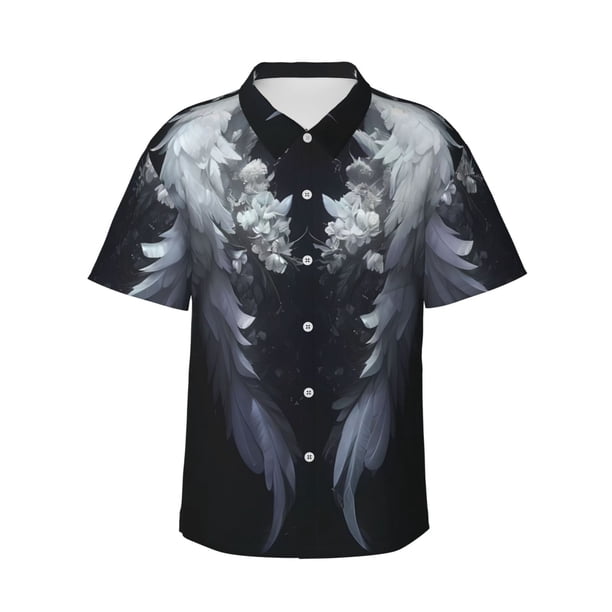 Fotbe Elegant Feathered Floral Wings Camisa Hawaiana para Hombre Unisex – Camisa Casual de Verano con Botones de Manga Corta de Algodón y Lino,3X-Large