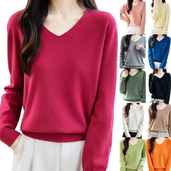 Feancey V Neck Sweaters for Women Trendy Lightweight Cozy Knit Sweater Cute Long Sleeve Tops Fall Fashion Clothing Pullover Beige M