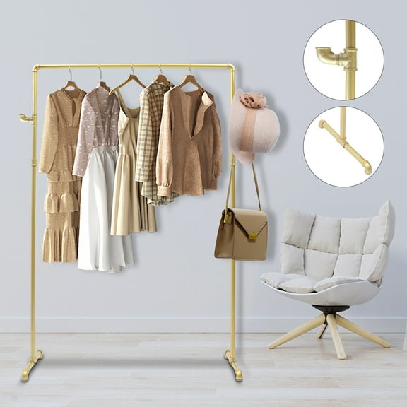 DENEST Commercial Industrial Pipe Clothing Rack with 2 Side Hook Clothes Rack Gold