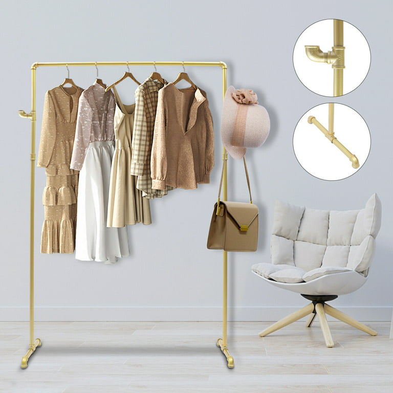 DENEST Commercial Industrial Pipe Clothing Rack with 2 Side Hook Clothes  Rack Gold