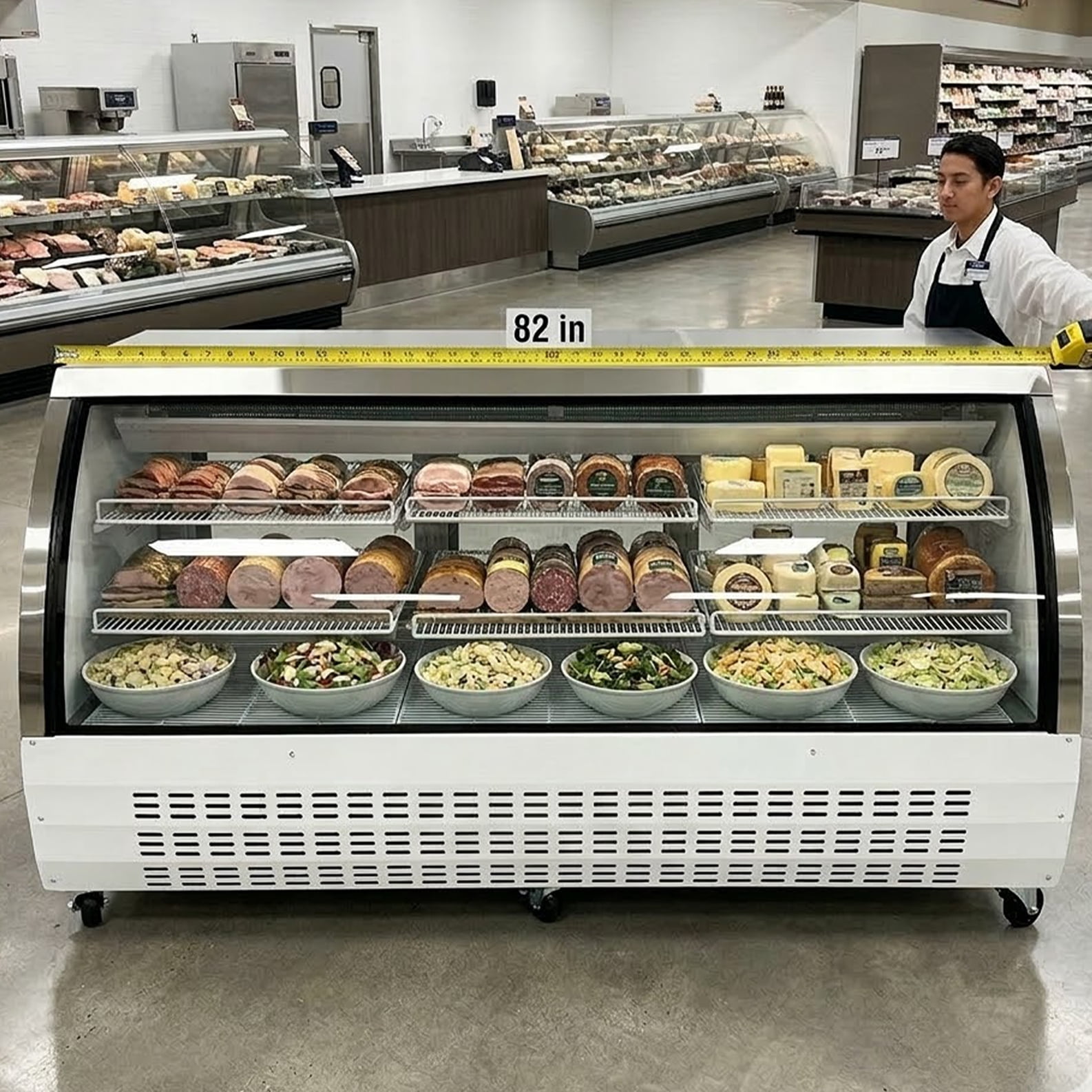 82" Commercial Refrigerated Deli Display Case – Curved Glass Meat & Deli Refrigerator,  Self-Contained Merchandiser with Adjustable Shelves and LED Lighting, Ideal for Grocery Stores, Butcher Shops