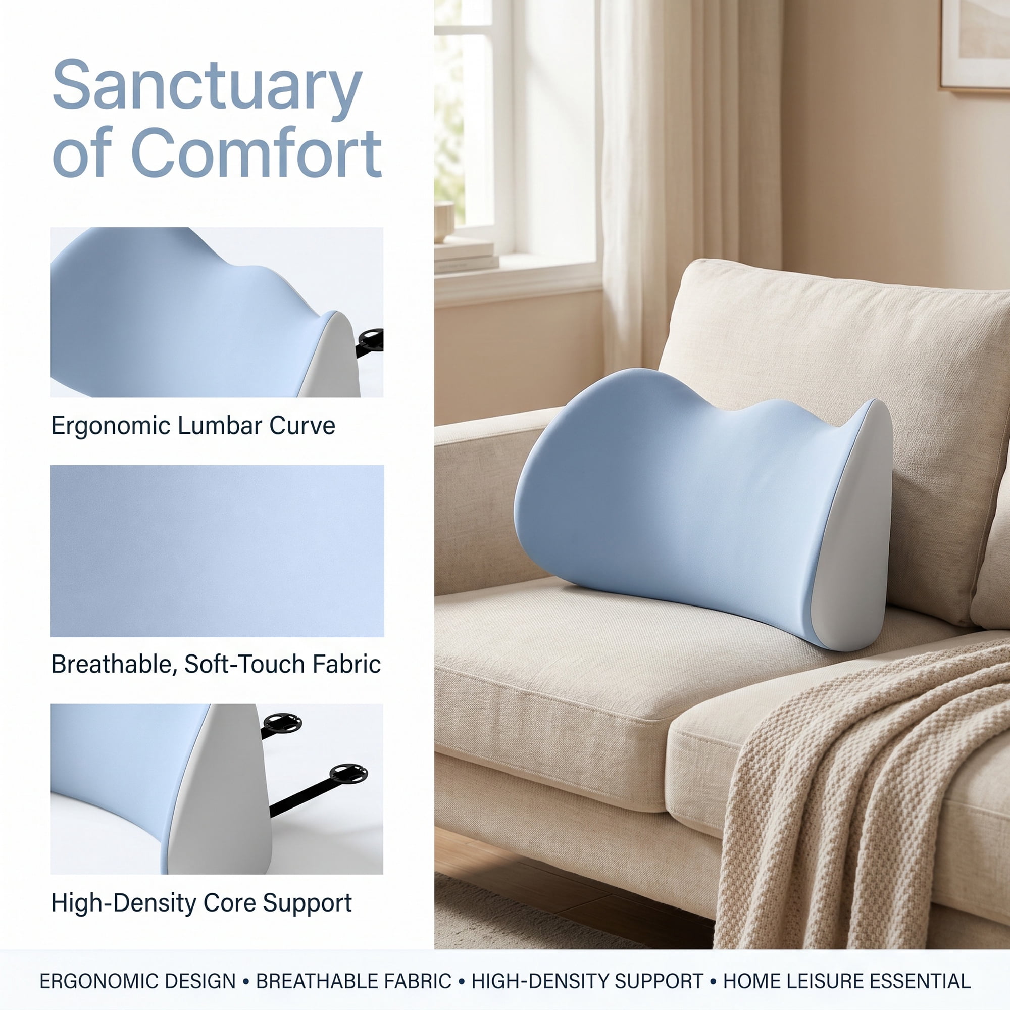 Unique Bargains Lumbar Support Pillow Cotton Back Support Blue Gray 17.3" x 4.3" x 7.5"