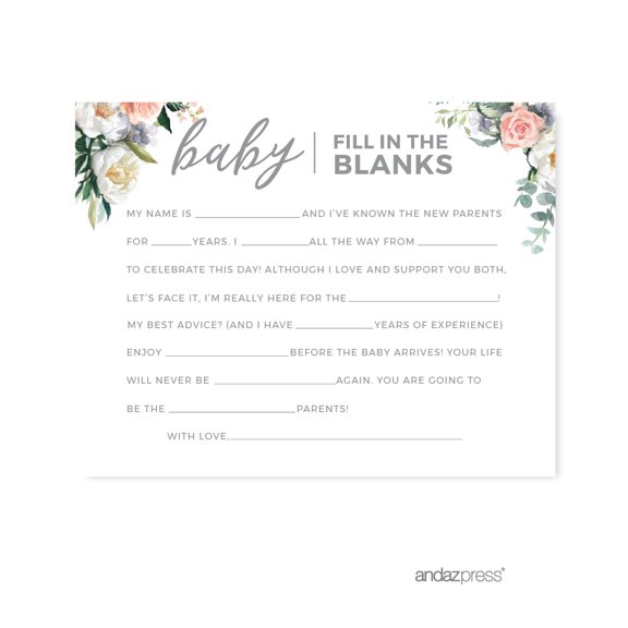 Koyal Wholesale Peach Coral Floral Baby Fill in the Blanks Cards, 20-Pack