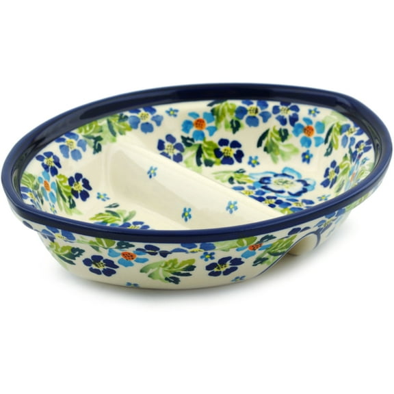 Polish Pottery 8-inch Divided Dish (True Blues Theme) Hand Painted in Boleslawiec, Poland   Certificate of Authenticity