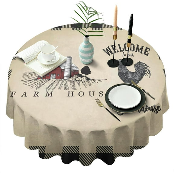 Round Waterproof Tablecloth Farmhouse-Rooster Reusable Indoor/Outdoor Durable Table Cover for Kitchen and Dining Room 60 Inch X 60 Inch