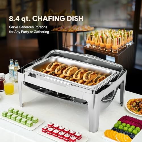 Roll Top Chafing Dish Buffet Set, 8.4 qt Rectangular Chafing Dish for Buffet with Glass Window Full Size Food Pan, Stainless Steel Food Warmer Chafer for Catering Parties Banquets,