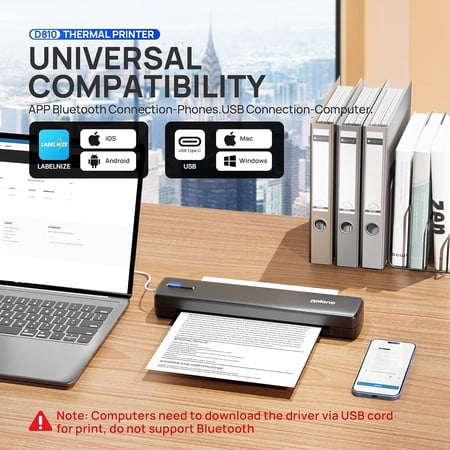 D810 Portable Inkless Bluetooth Thermal Printer for Office Home Travel - Wireless Mobile Printing with 20 Sheets