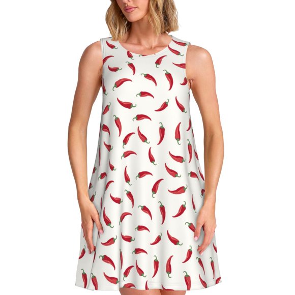 Bixox Chili Print Women's Sleeveless A-Line Dress with Pockets, Casual Knee-Length Tank Dress for Summer-3X-Large