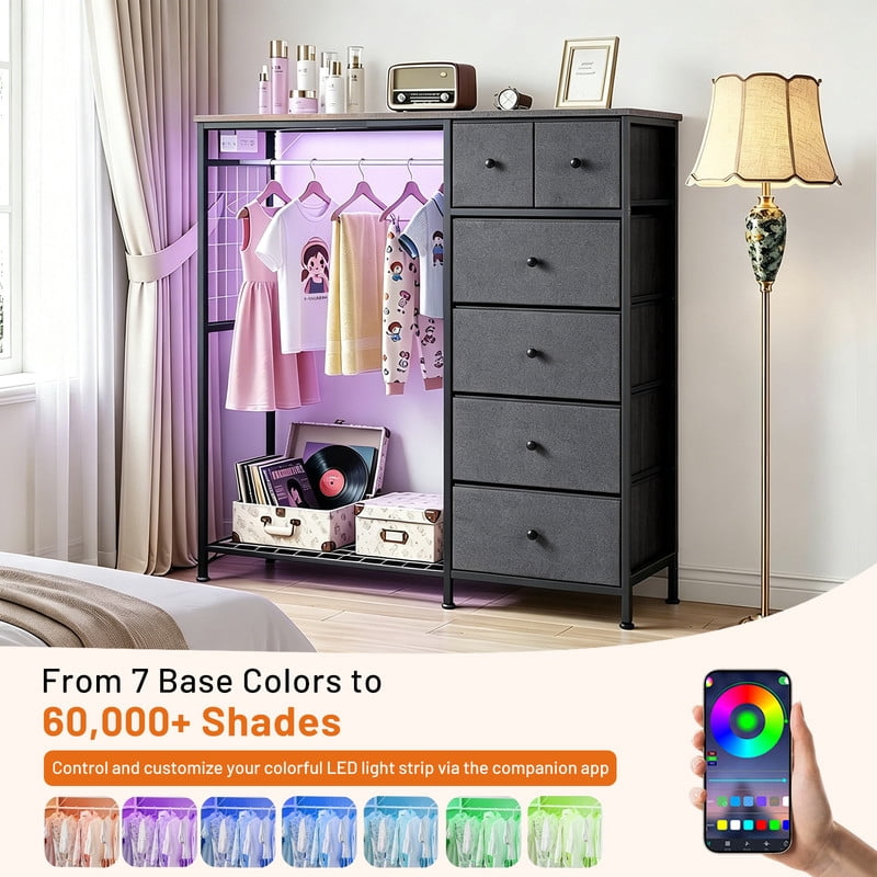 Simenmax 6-Drawer Storage Closet with LED Lights & Charging Station, 49.2" Wide Wooden Wardrobe Rack with Fabric Bins,Portable Clothing Organizer for Bedroom, Entryway, Gray