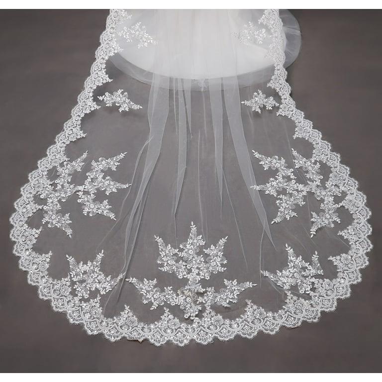EllieHouse Women's Wedding Veils 1 Tier White Ivory 3M/4M/5M Lace Long  Train Bridal Veil With Comb S114