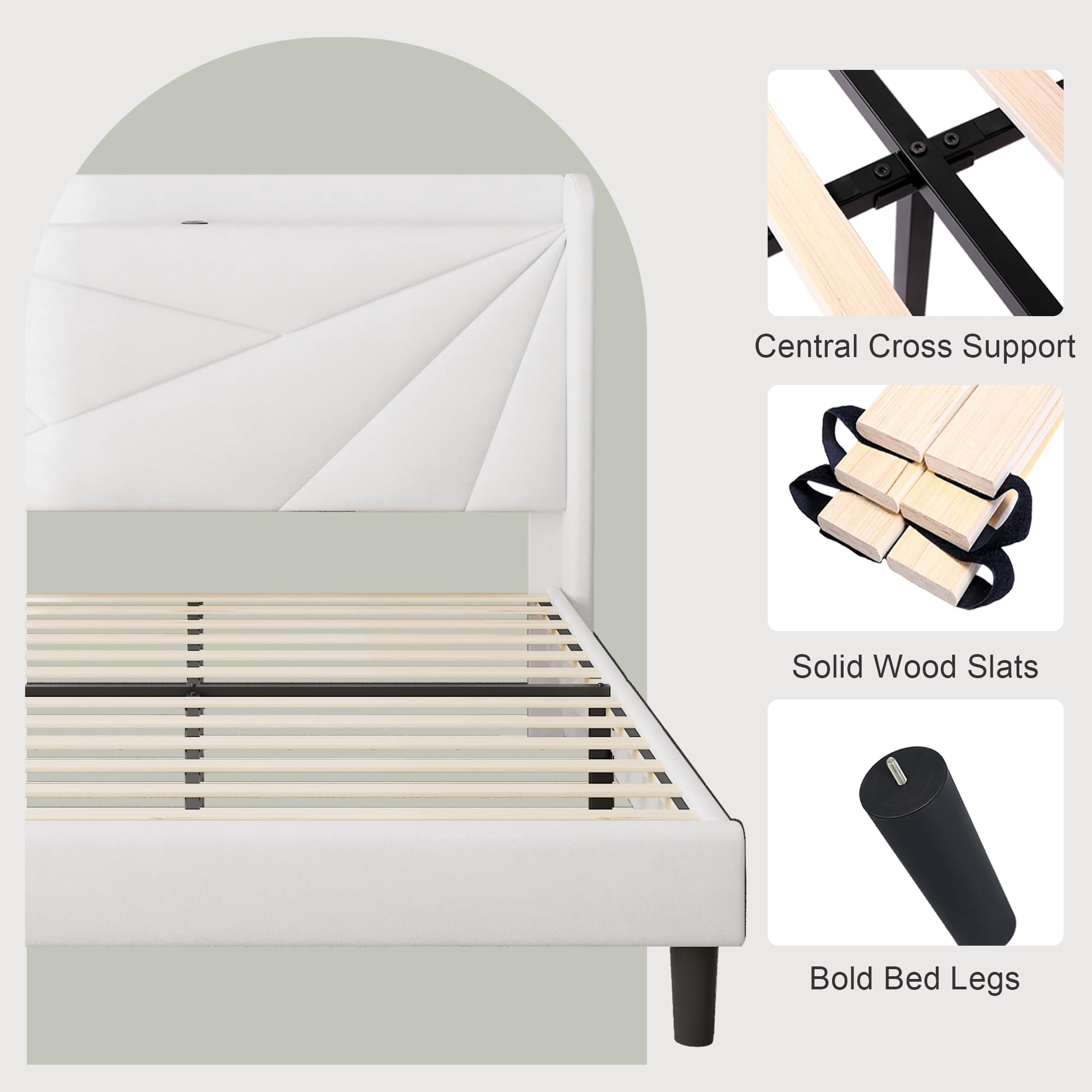 BSHTI King Size Platform Bed Frame with Charging Station (20W PD Type-C & USB), 2-in-1 Headboard, Modern Minimalist Design, Heavy-Duty Metal Frame, White