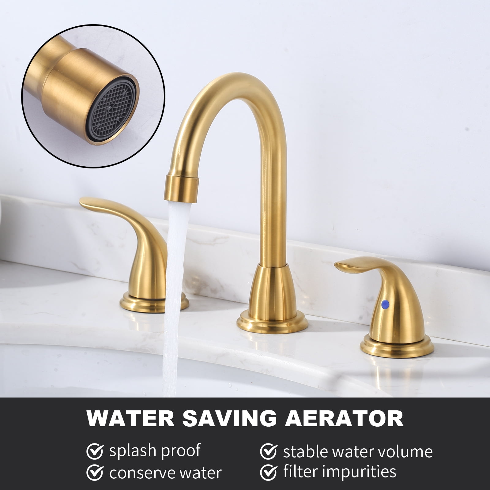 Wowow 2-Handle 6" and 8" Widespread Gold Lavatory Faucet with Supply Hoses & Drain Assembly
