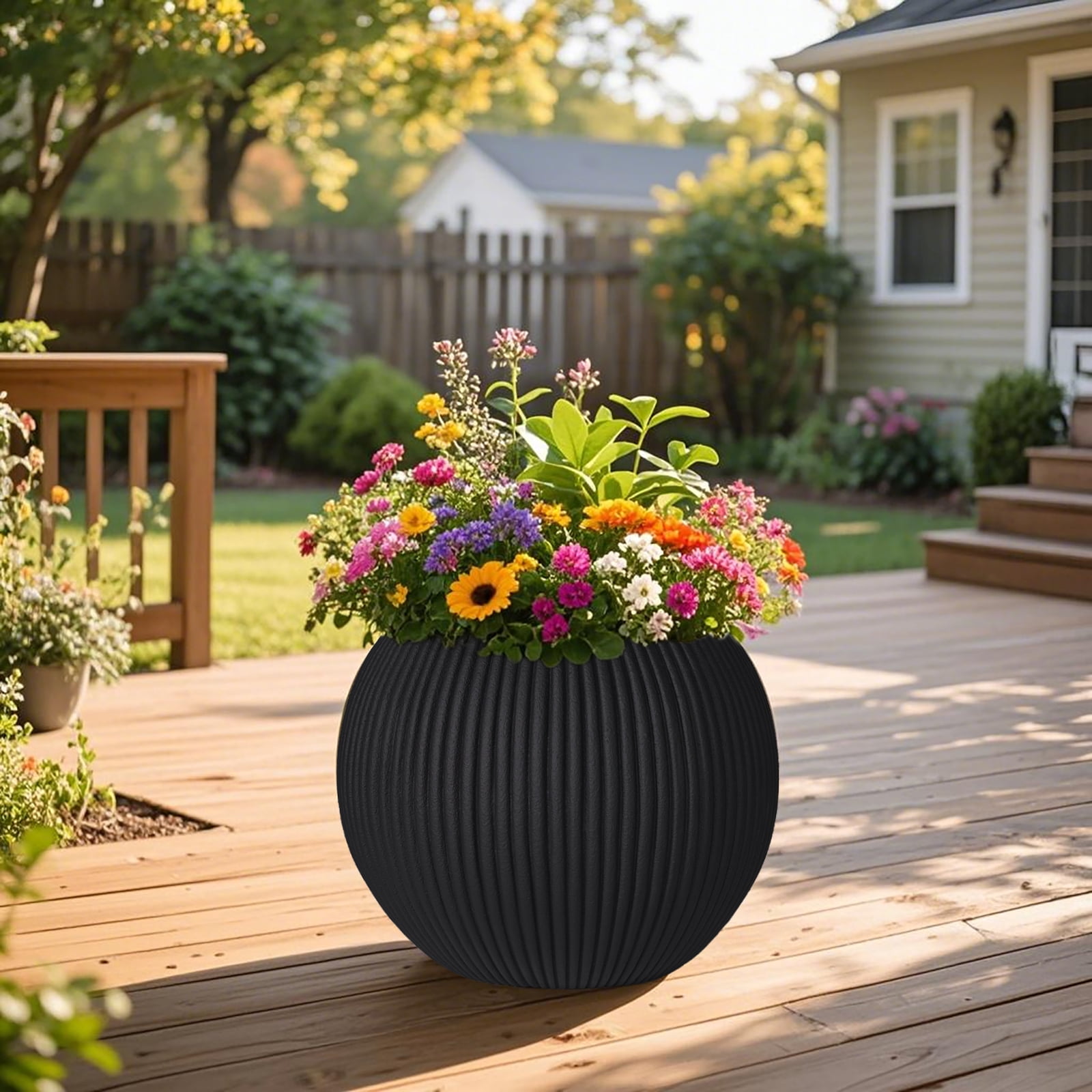 TerraDeco 16 Inch Handmade Concrete Outdoor Planter - Classic Striped Design | Fiberglass & Composite Material | Durable for Commercial & Home Decor